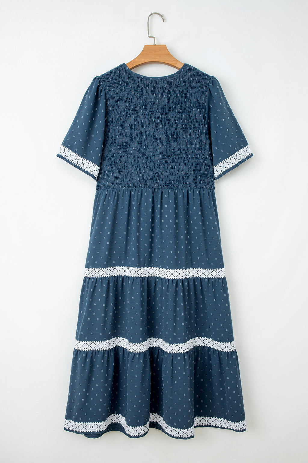 Dusk Blue Plus Size V Neck Swiss Dot Lace Patchwork Detail Flared Midi Dress