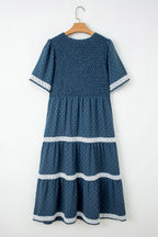 Dusk Blue Plus Size V Neck Swiss Dot Lace Patchwork Detail Flared Midi Dress