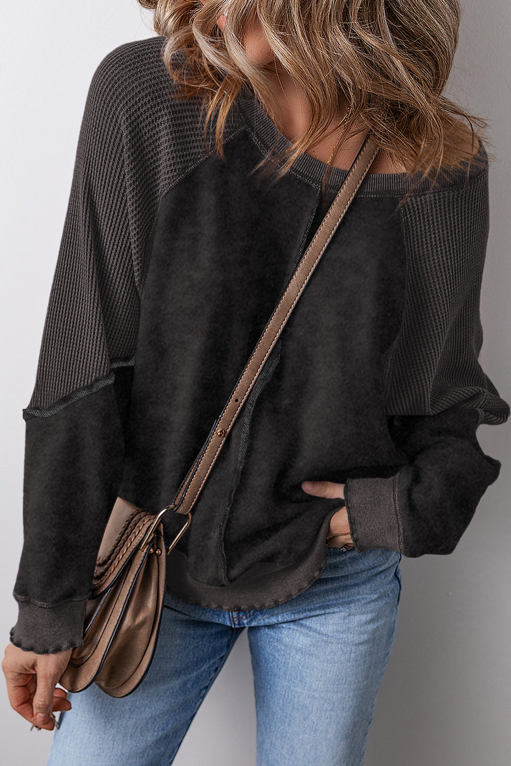 Mineral Blue Waffle Patchwork Raglan Sleeve Exposed Seam Sweatshirt