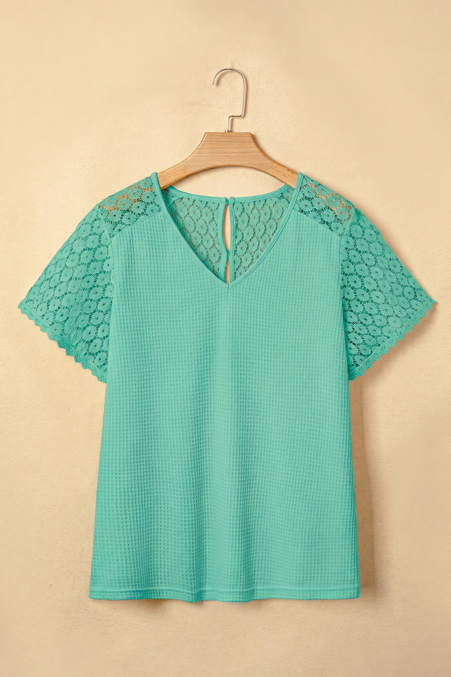 Pink Lace Splicing Button Cutout V Neck Waffle Knit Blouse