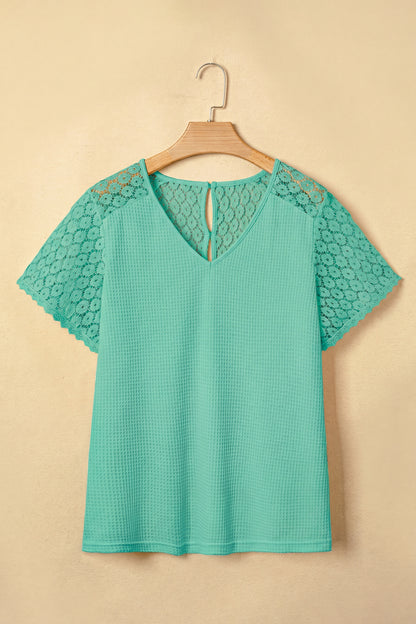 Pink Lace Splicing Button Cutout V Neck Waffle Knit Blouse