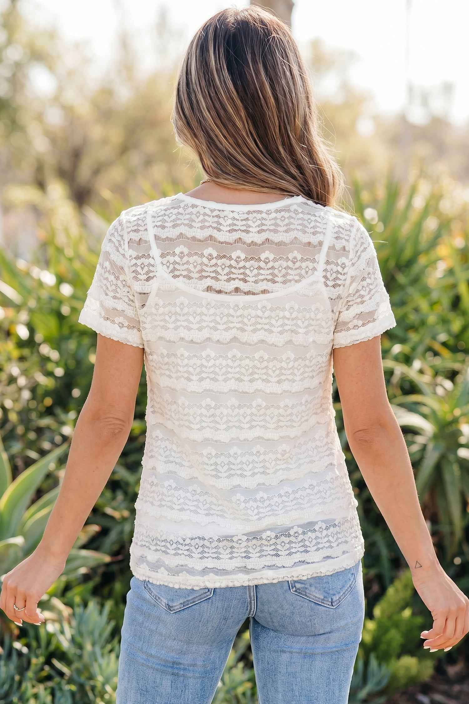 White Sheer Lace Short Sleeve Top