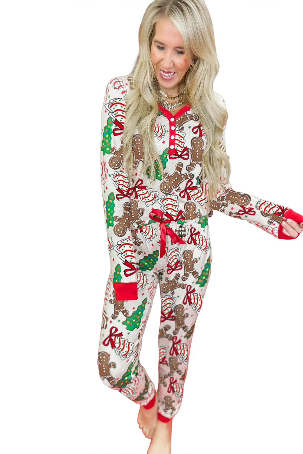 White Christmas Pattern Button V Neck Pullover Drawstring Pants 2pcs Lounge Set
