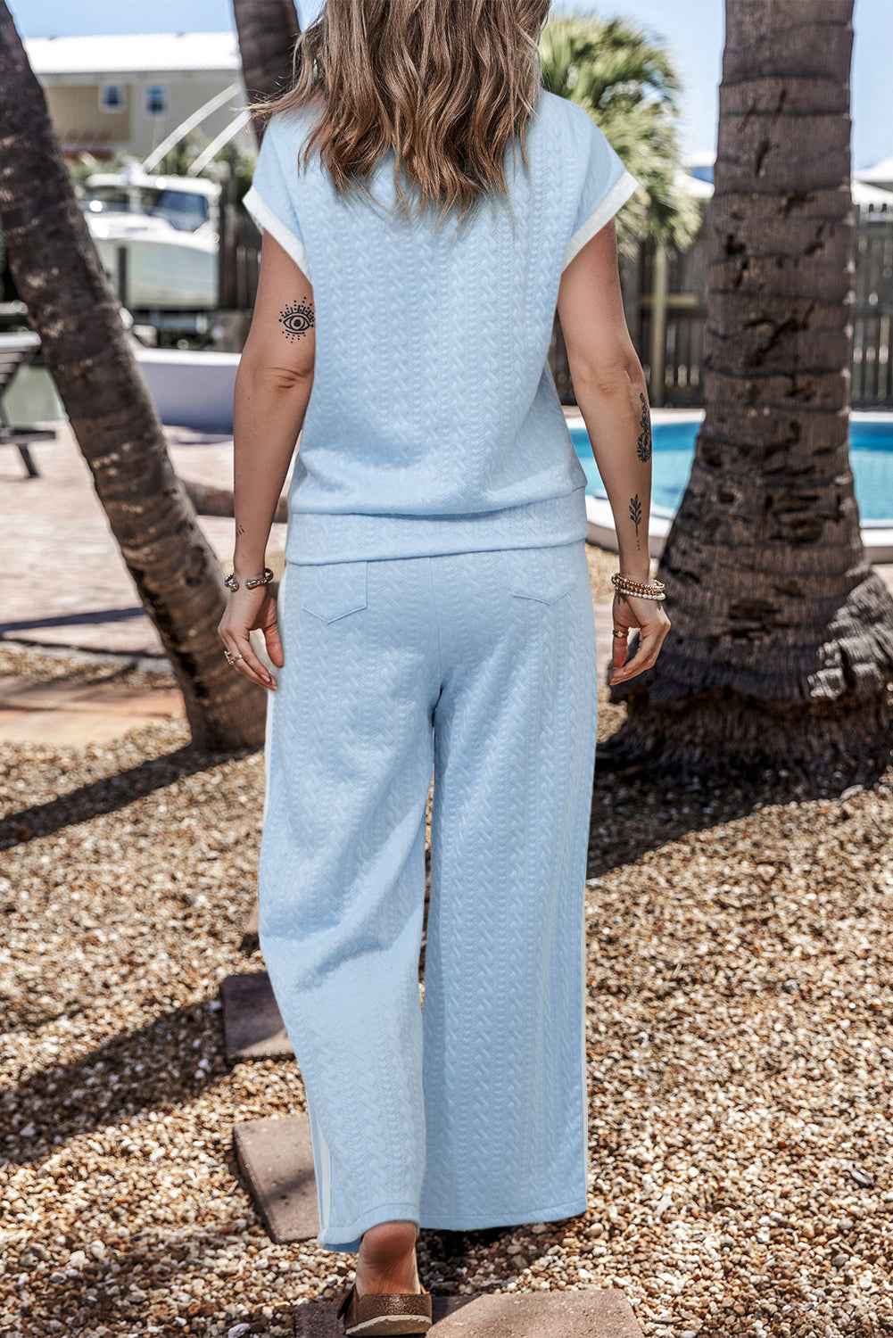 Beau Blue Textured Colorblock Edge Sleeveless Top High Waist Pants Set