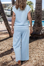 Beau Blue Textured Colorblock Edge Sleeveless Top High Waist Pants Set
