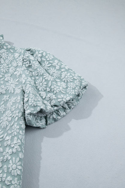 Apricot Pink Floral Textured Jacquard Puff Sleeve Blouse