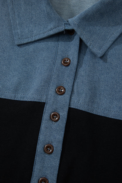 Light Grey Color Block Denim Patchwork Button Polo Collar Short Sleeve Top