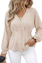 Oatmeal V Neck Long Sleeve Smocked Waist Shift Top Pullover