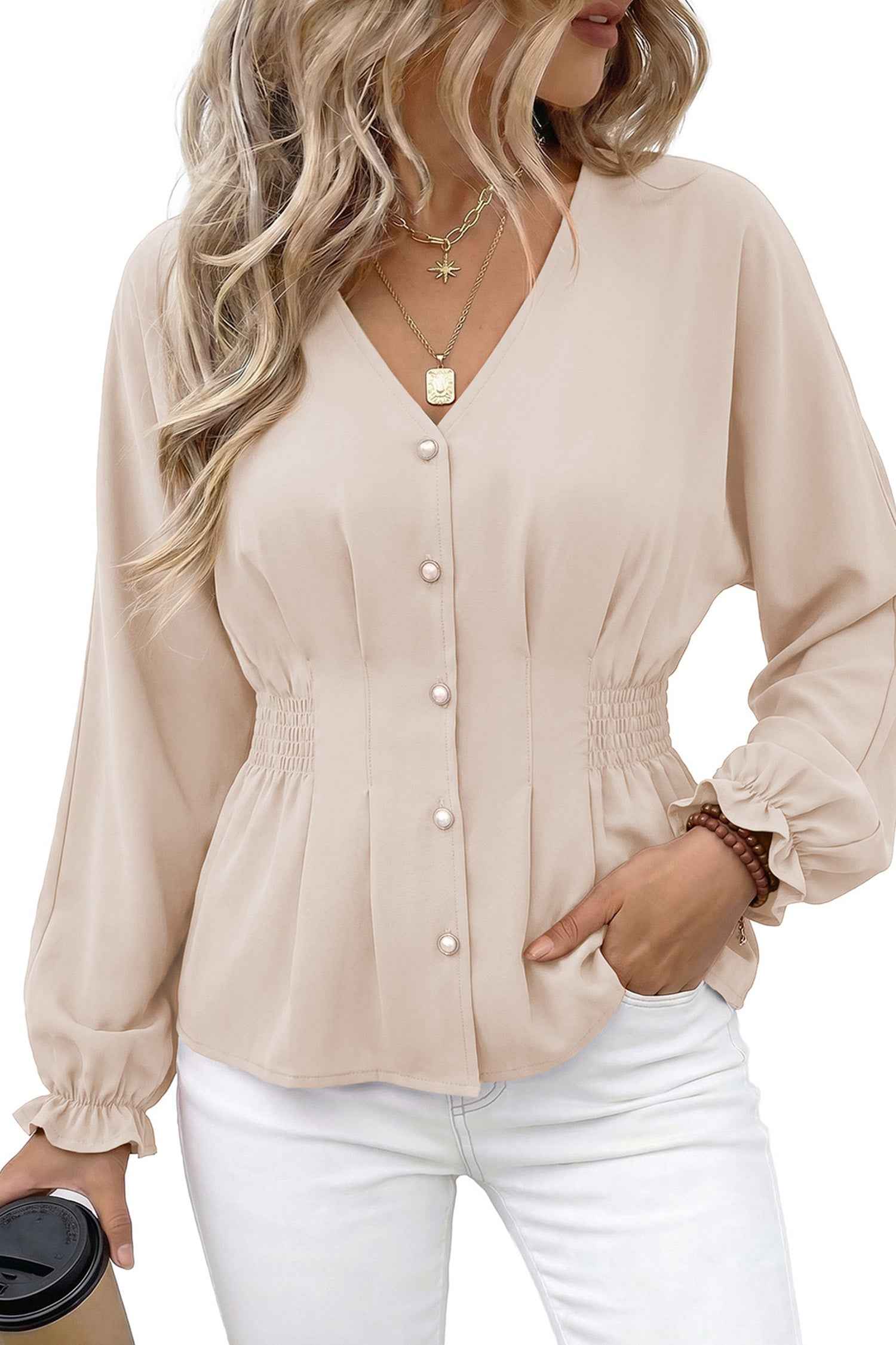 Oatmeal V Neck Long Sleeve Smocked Waist Shift Top Pullover