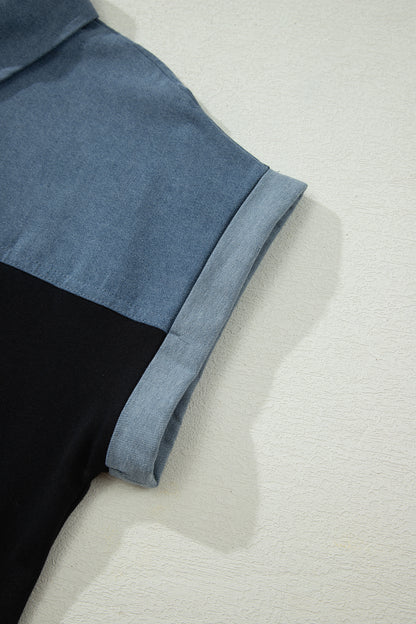 Light Grey Color Block Denim Patchwork Button Polo Collar Short Sleeve Top
