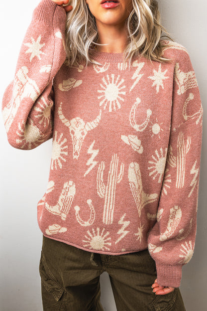 Peach Blossom Western Print Drop Shoulder Round Neck Long Sleeve Sweater