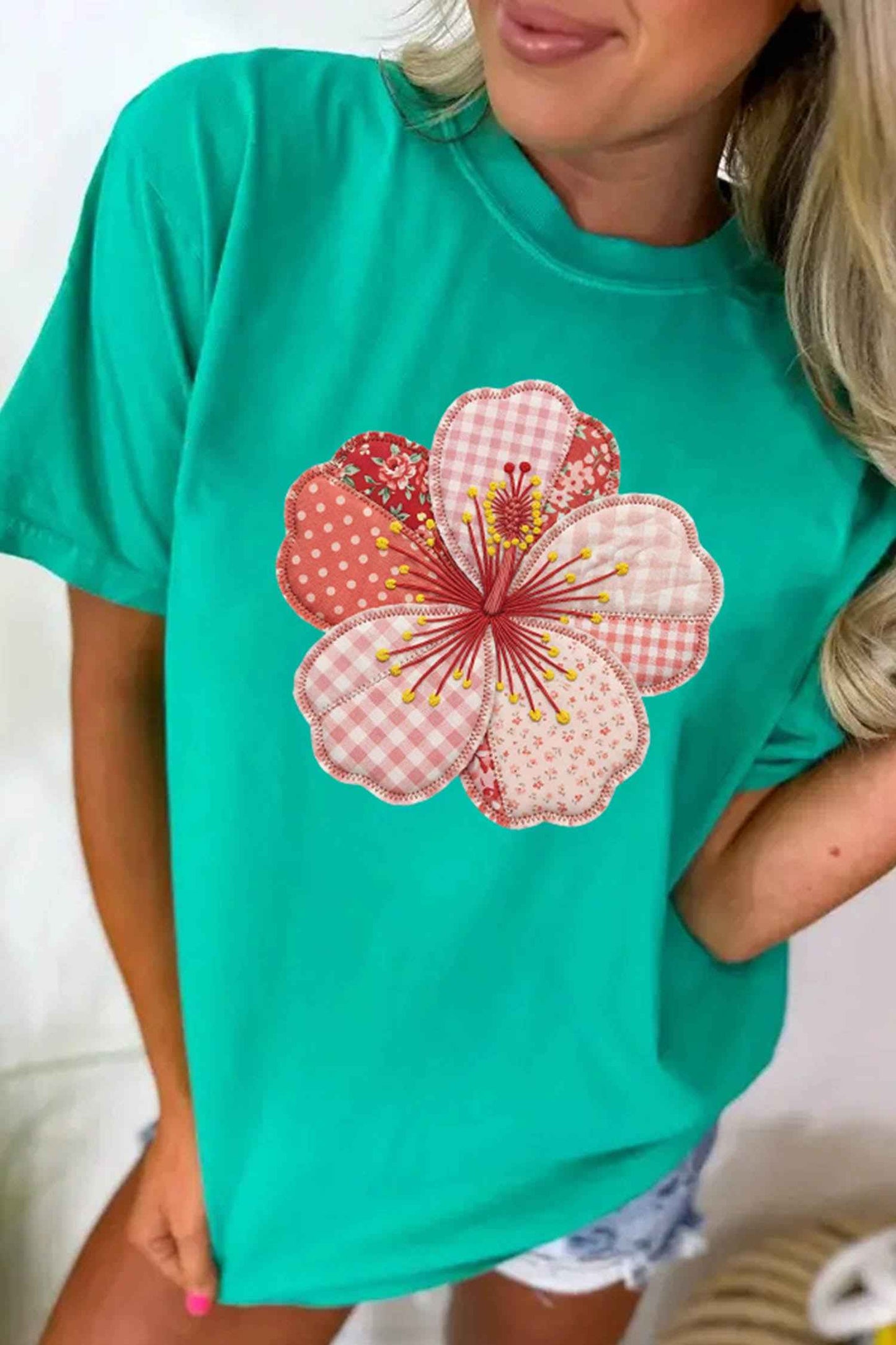 Mint Green Patchwork Floral Printed Beach Vacation Casual Tee