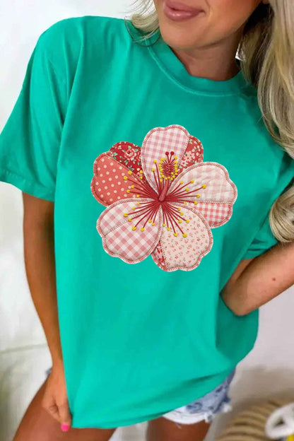 Mint Green Patchwork Floral Printed Beach Vacation Casual Tee