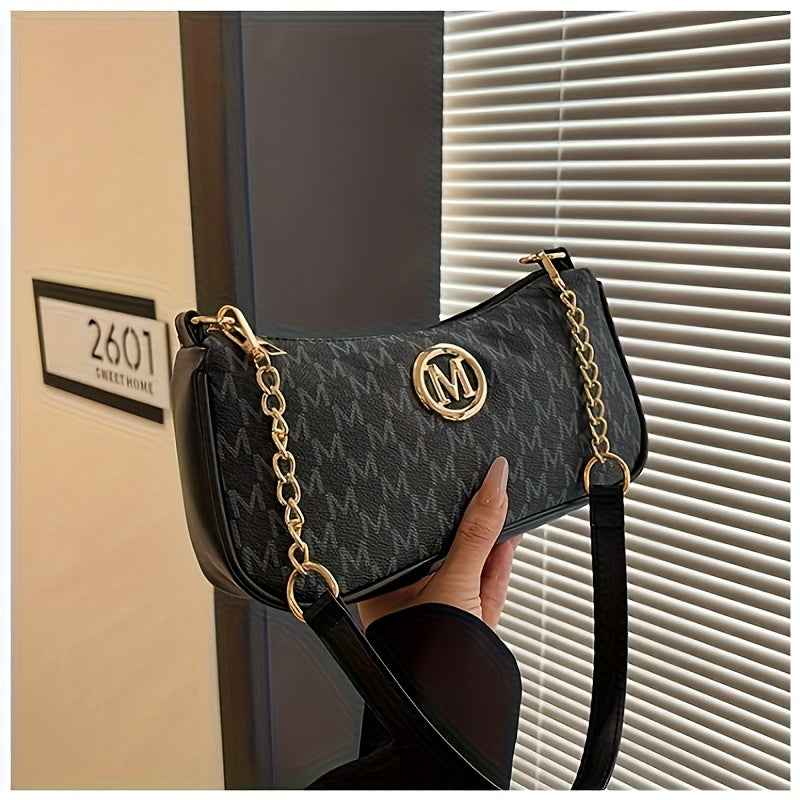 French Vintage Letter Print Underarm Bag with Chain  M Logo