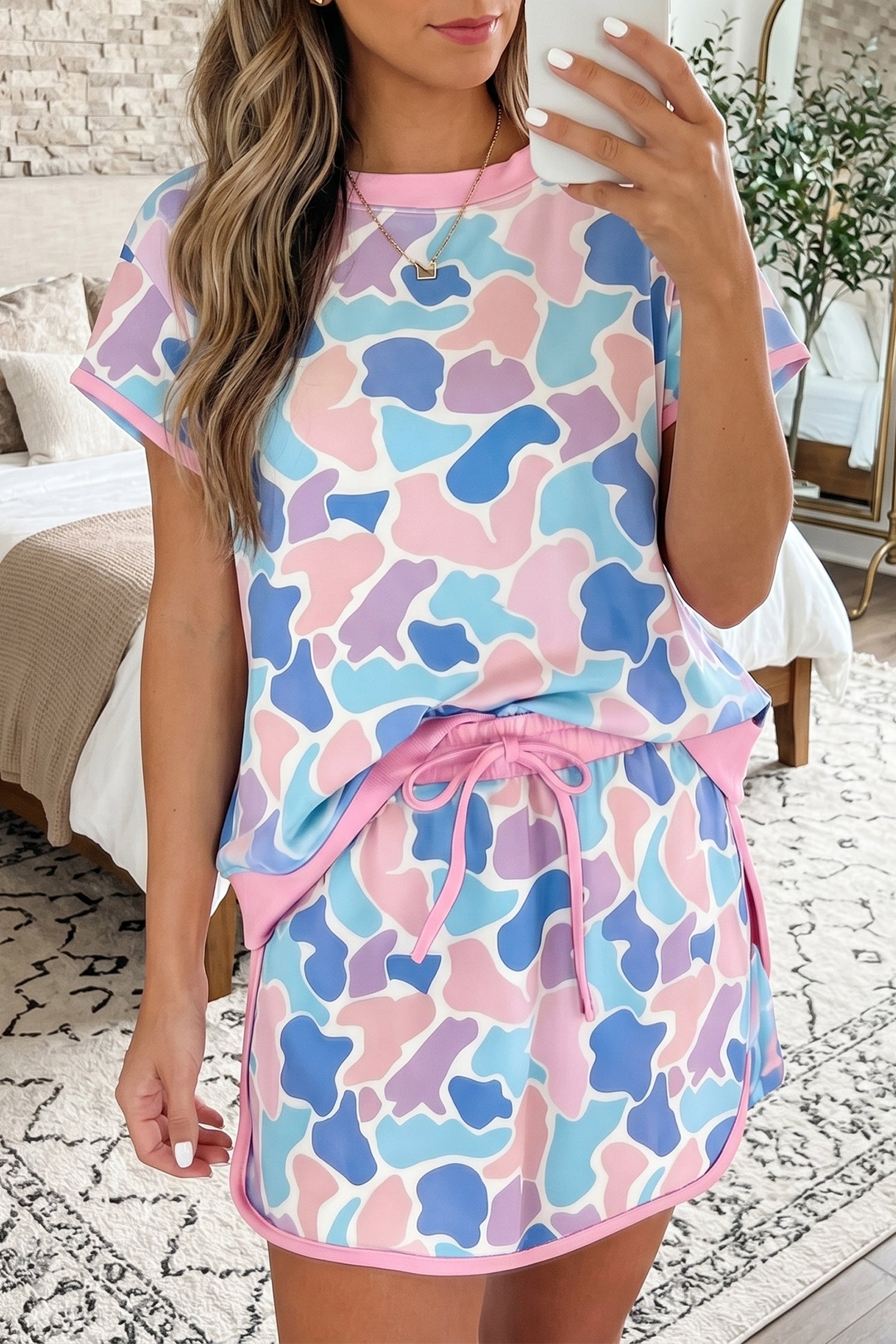 Pink Camouflage Print Contrast Trim Athletic Skort Set