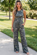 Green Camouflage Print Slim Tank Drawstring Pant Set