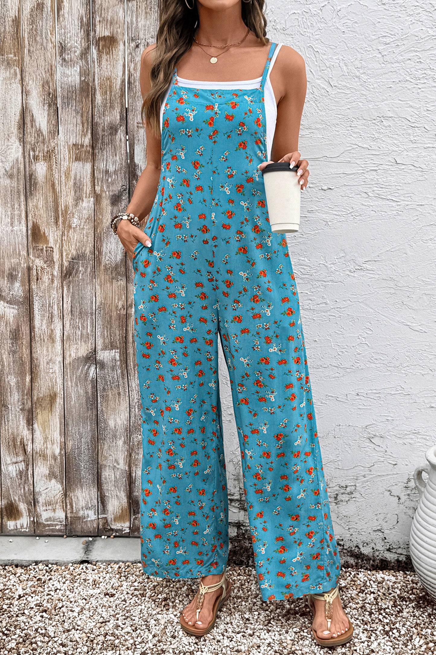 Khaki Floral Print Spaghetti Straps Loose Pocketed Jumpsuit
