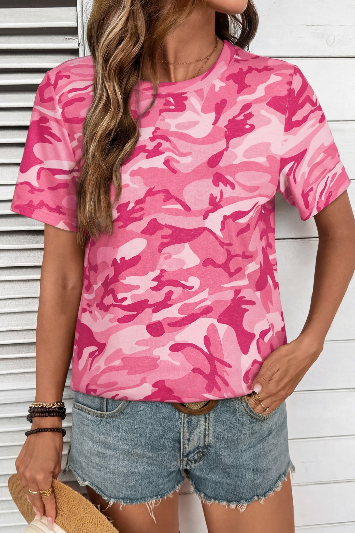 Green Camo Print Crew Neck Short Sleeve Tee