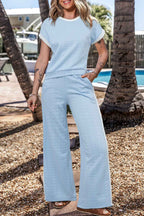 Beau Blue Textured Colorblock Edge Sleeveless Top High Waist Pants Set