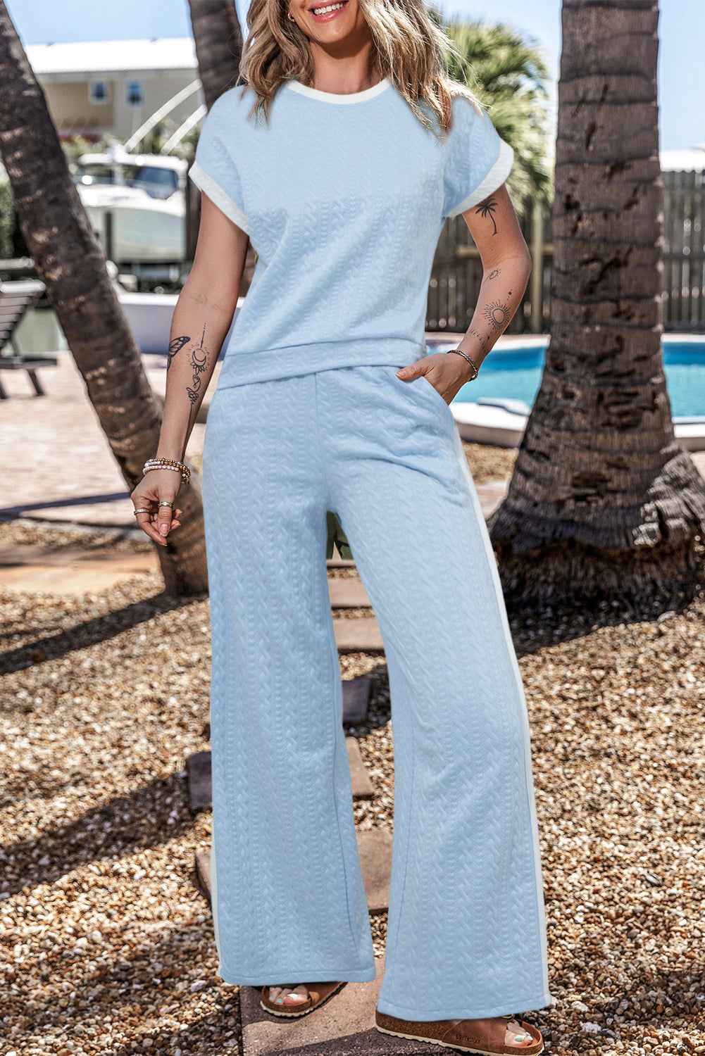 Beau Blue Textured Colorblock Edge Sleeveless Top High Waist Pants Set
