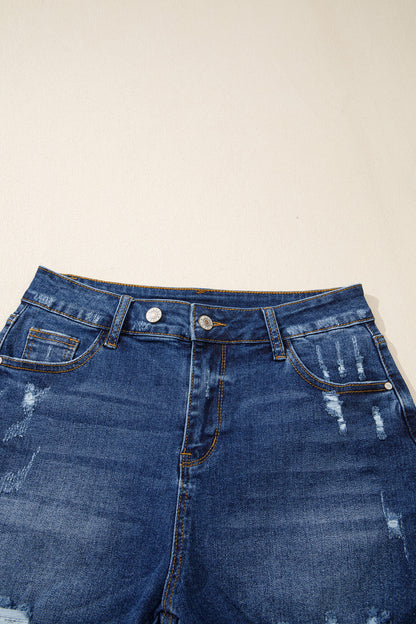 Beau Blue Asymmetric Raw Hem Distressed Whiskery Denim Shorts