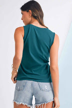 Blue Sapphire Solid Color Stitching Detail Round Neck Tank Top