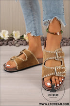 Camel embroidered trim retro buckle faux suede slippers - slippers