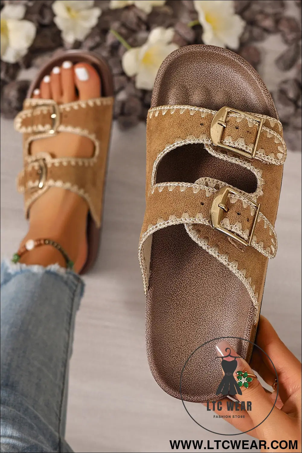 Camel embroidered trim retro buckle faux suede slippers - camel / 37 / 100% polyester + 100% tpr - slippers