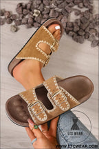 Camel embroidered trim retro buckle faux suede slippers - slippers