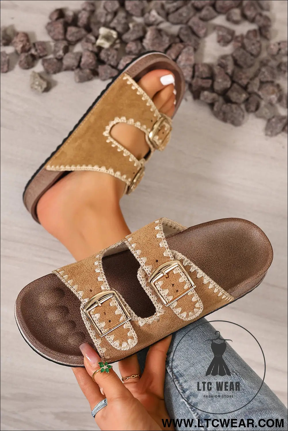 Camel embroidered trim retro buckle faux suede slippers - slippers