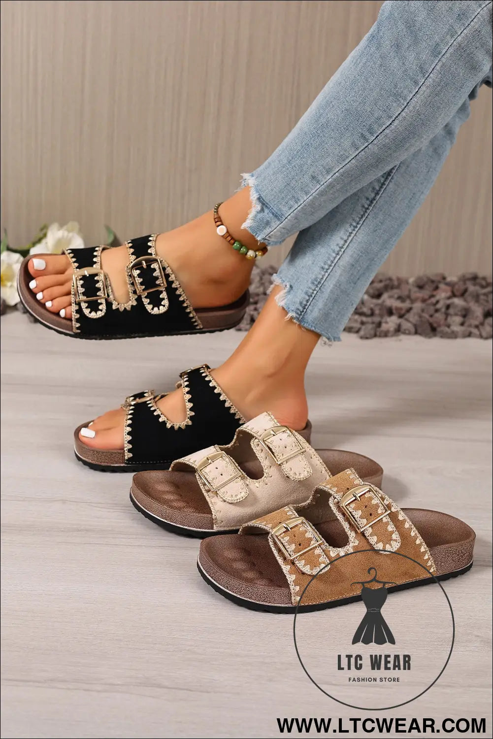 Camel embroidered trim retro buckle faux suede slippers - slippers