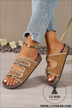 Camel embroidered trim retro buckle faux suede slippers - slippers