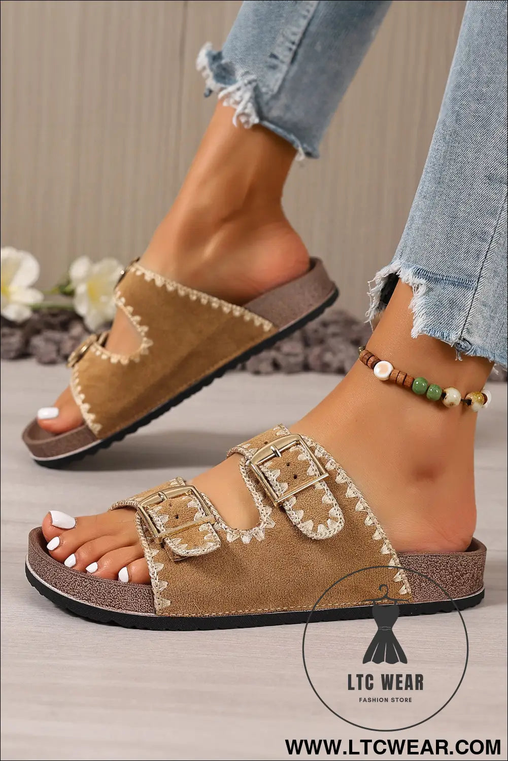 Camel embroidered trim retro buckle faux suede slippers - slippers