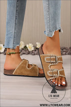 Camel embroidered trim retro buckle faux suede slippers - slippers