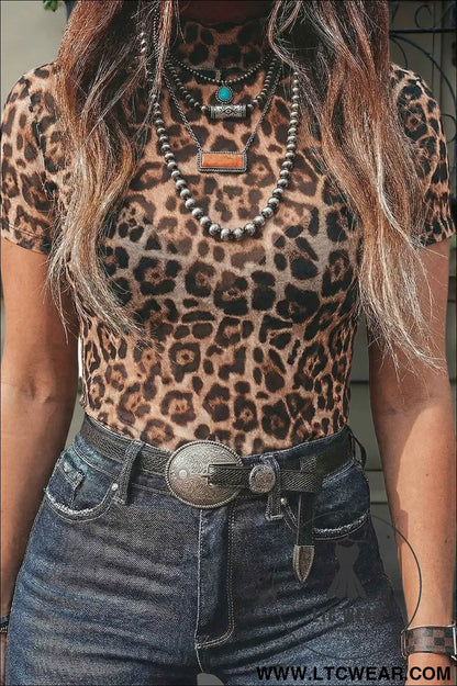 Camel Leopard Printed Mesh Short Sleeve Top