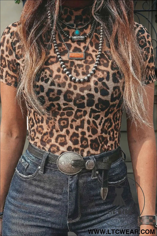 Camel Leopard Printed Mesh Short Sleeve Top