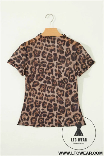 Camel Leopard Printed Mesh Short Sleeve Top