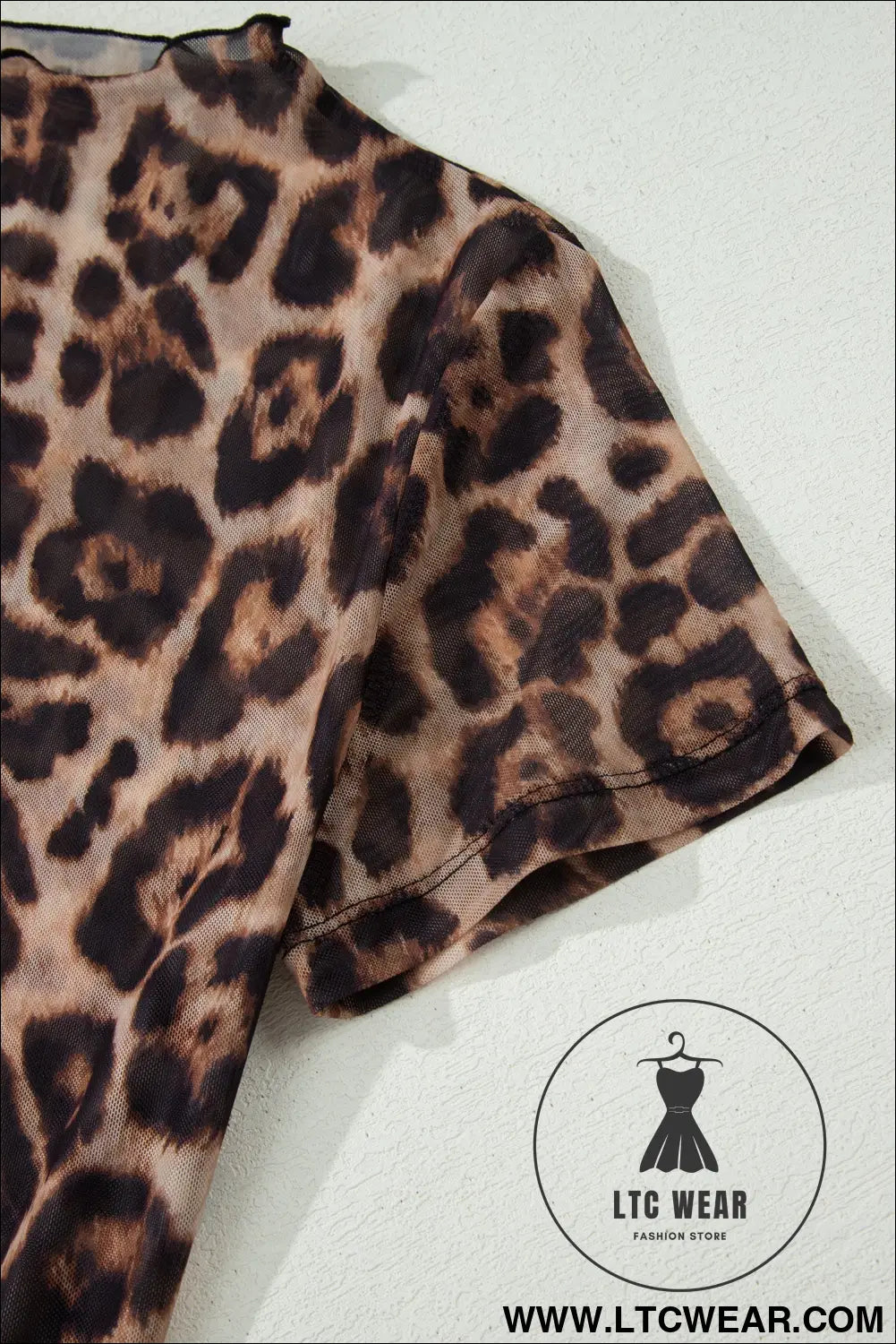 Camel Leopard Printed Mesh Short Sleeve Top - L.T.C Wear Online Fashion Store