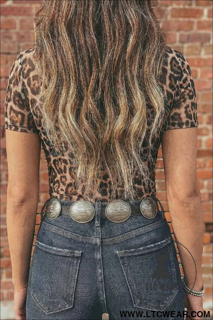 Camel Leopard Printed Mesh Short Sleeve Top