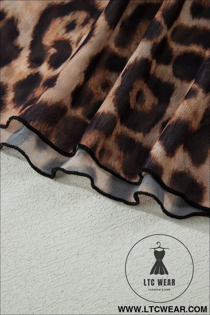 Camel Leopard Printed Mesh Short Sleeve Top - L.T.C Wear Online Fashion Store