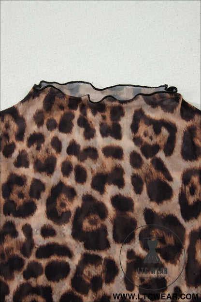 Camel Leopard Printed Mesh Short Sleeve Top - L.T.C Wear Online Fashion Store