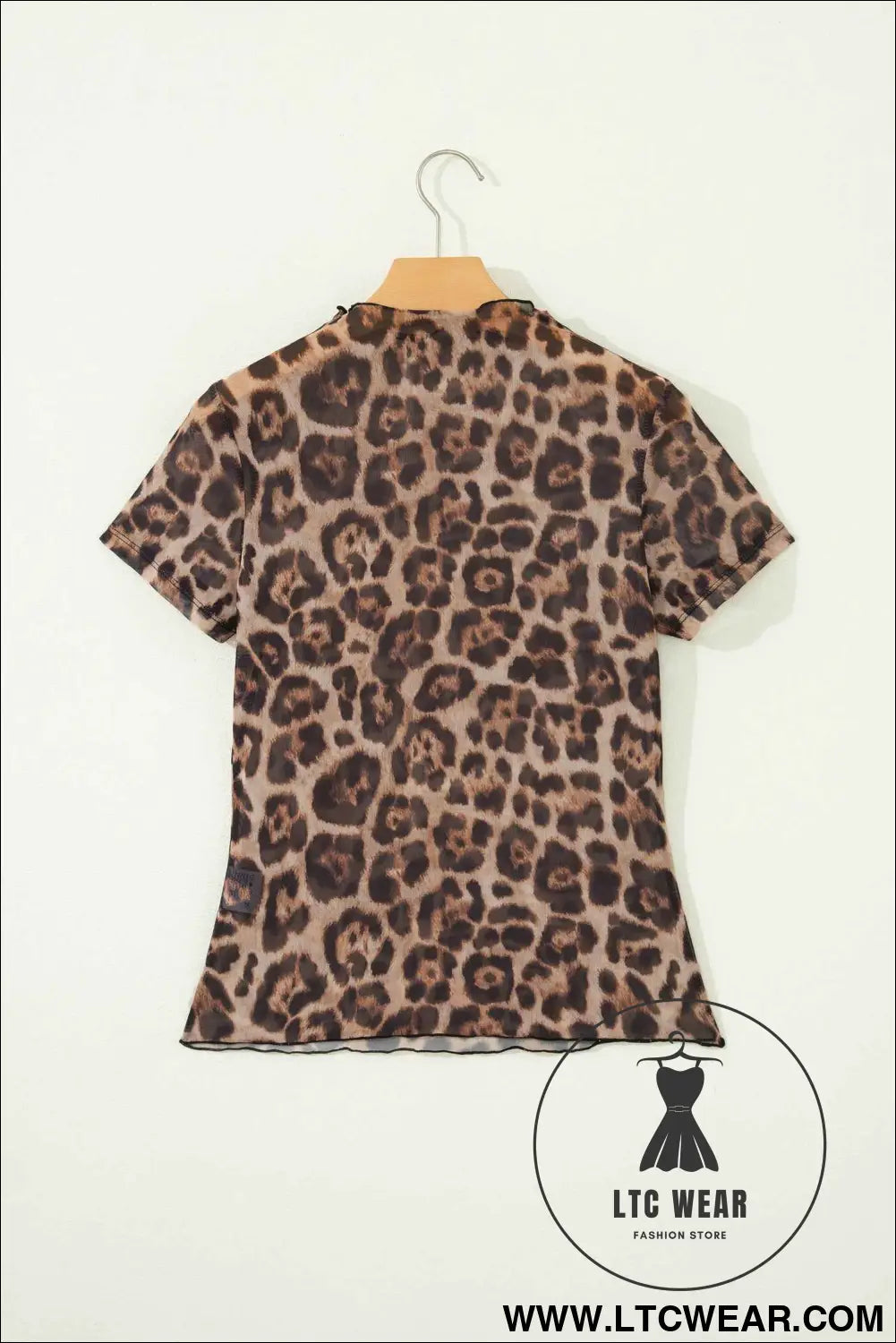 Camel Leopard Printed Mesh Short Sleeve Top