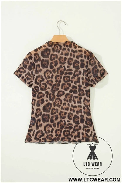 Camel Leopard Printed Mesh Short Sleeve Top