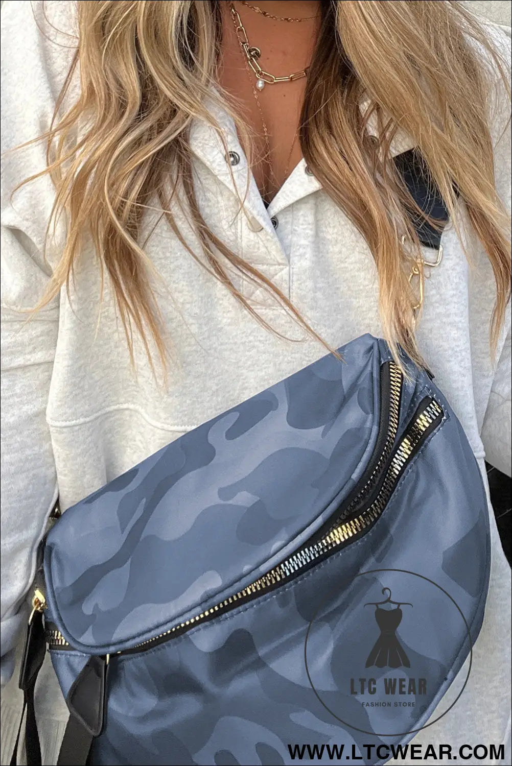 Camouflage print double zipper crossbody bag - vineyard green / one size / 95% pu + 5% alloy - crossbody bags