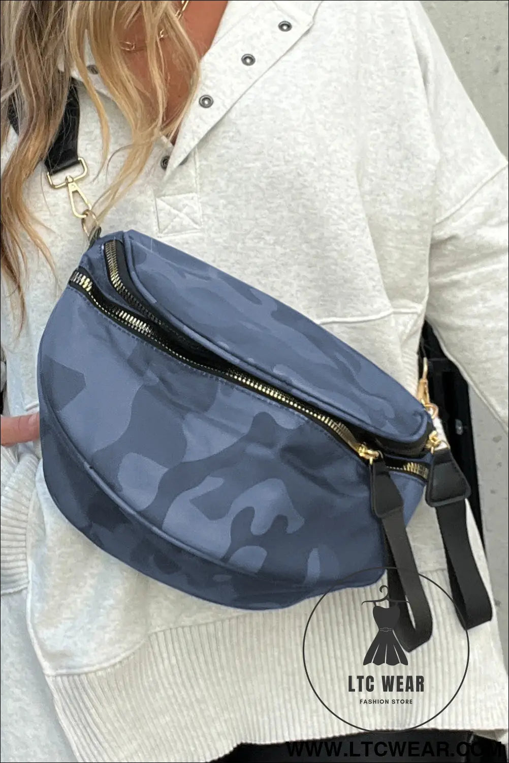 Camouflage print double zipper crossbody bag - vineyard green / one size / 95% pu + 5% alloy - crossbody bags