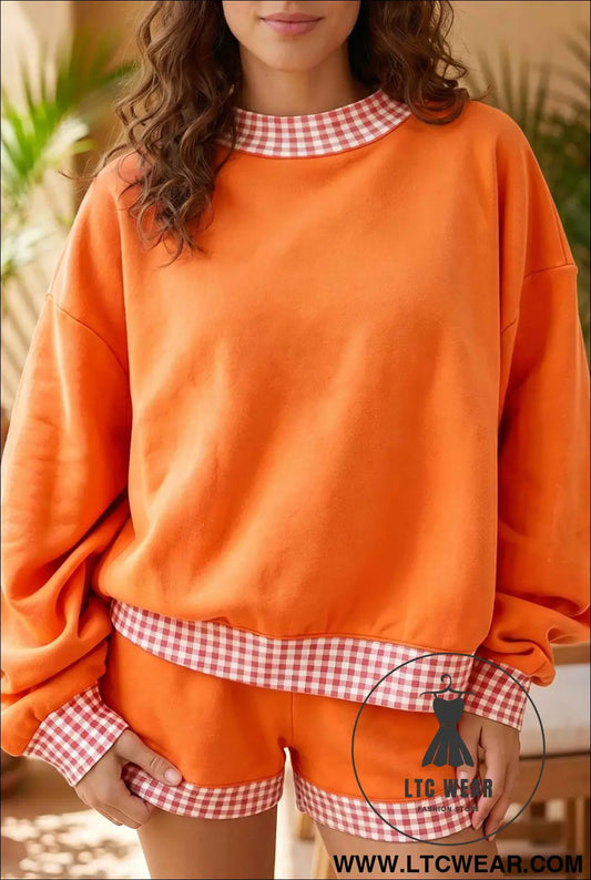 Carrot Gingham Trim Baggy Pullover 2pcs Short Set