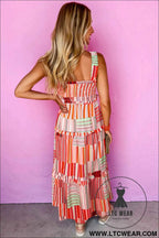 Carrot Mix Striped Wide Straps Smocked Tiered Maxi Dress