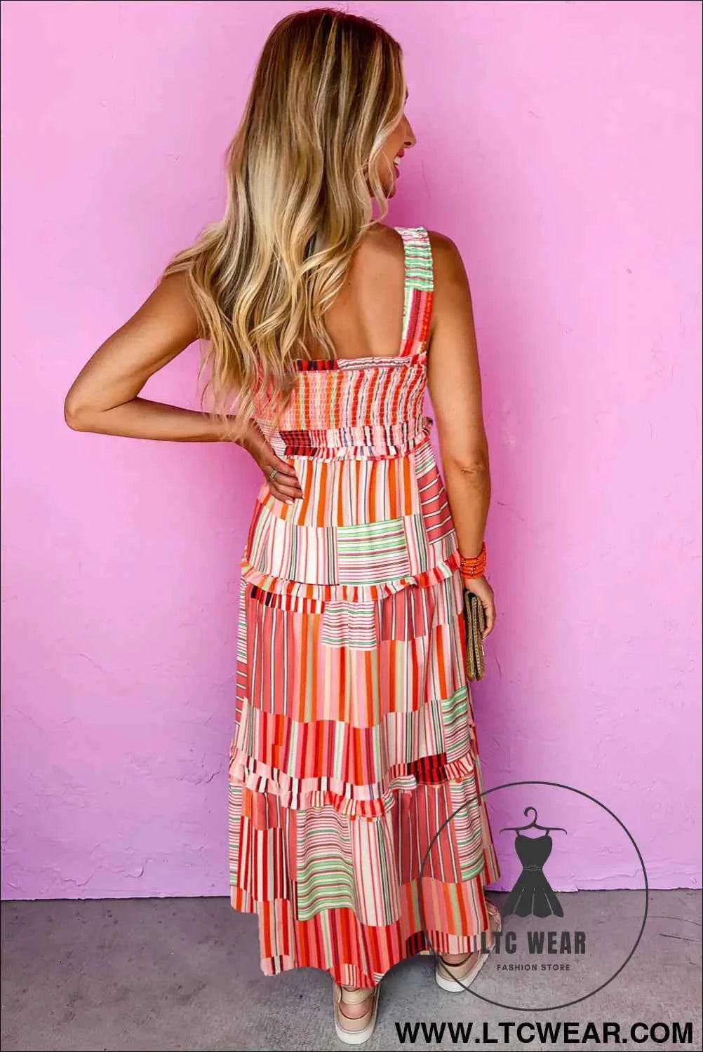Carrot Mix Striped Wide Straps Smocked Tiered Maxi Dress