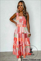 Carrot Mix Striped Wide Straps Smocked Tiered Maxi Dress