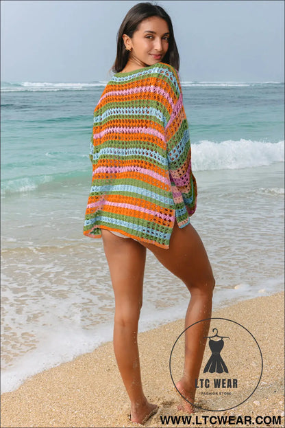 Carrot Striped Hollow Knit Summer Beach Cover Up - L.T.C Wear Online Fashion Store
